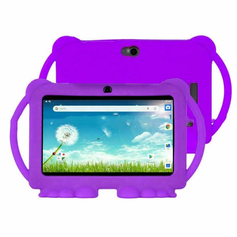 Children's smart tablet with 7-inch screen, plastic body, blue colour, front camera visible, on white background