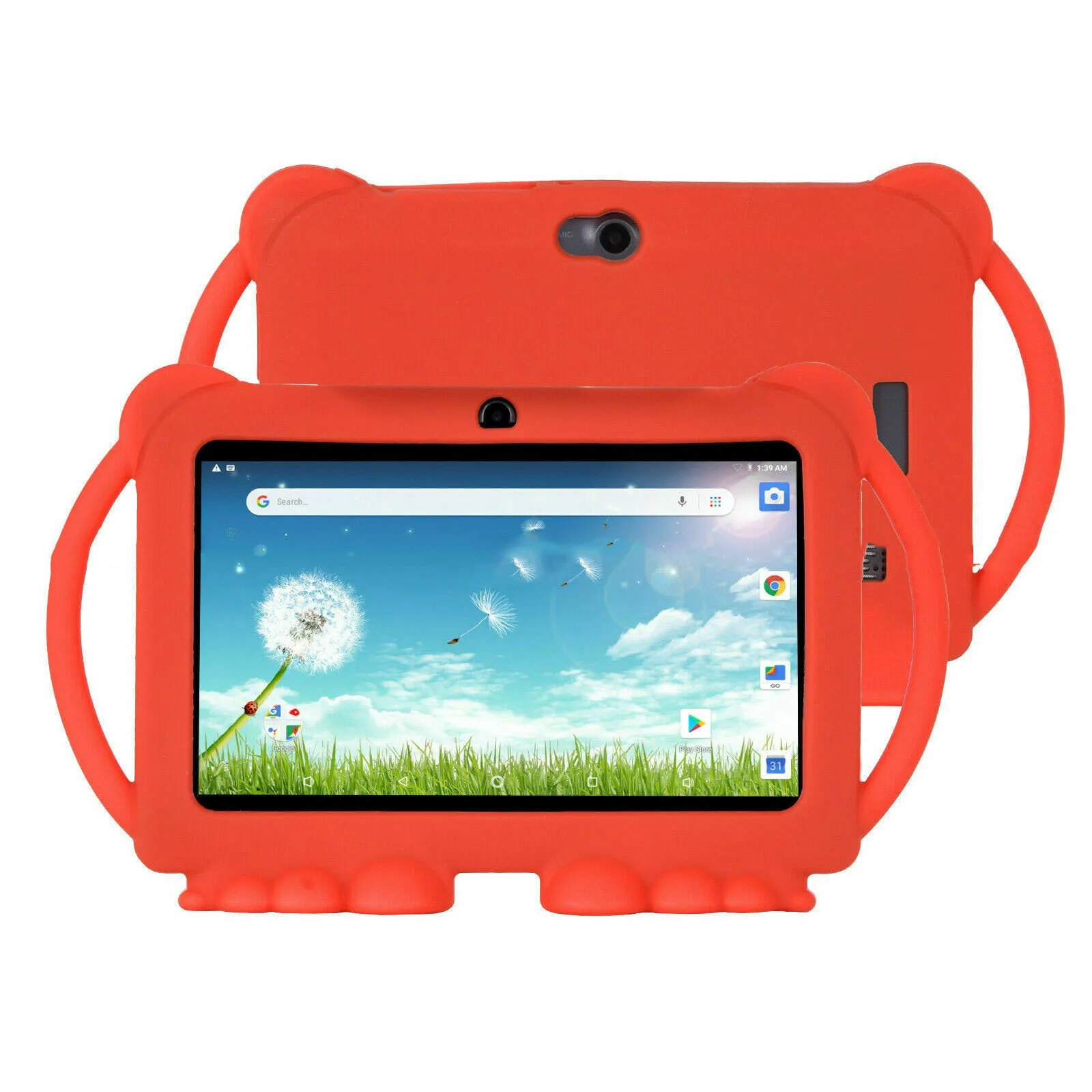 Children's smart tablet with 7-inch screen, plastic body, blue colour, front camera visible, on white background