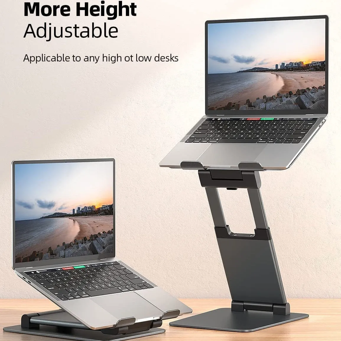 Aluminum alloy laptop bracket with adjustable base and 360-degree rotation on a desk