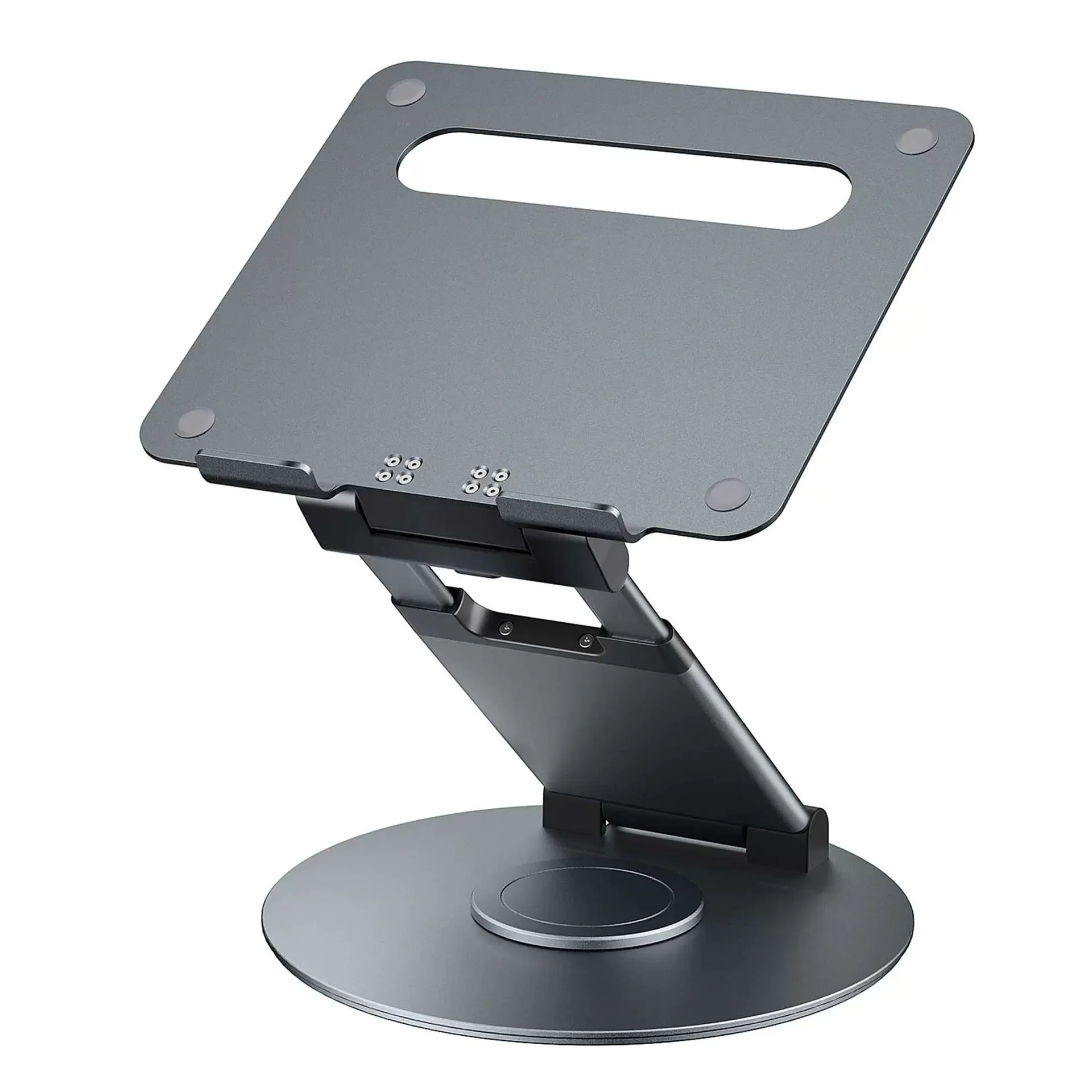 Aluminum alloy laptop bracket with adjustable base and 360-degree rotation on a desk