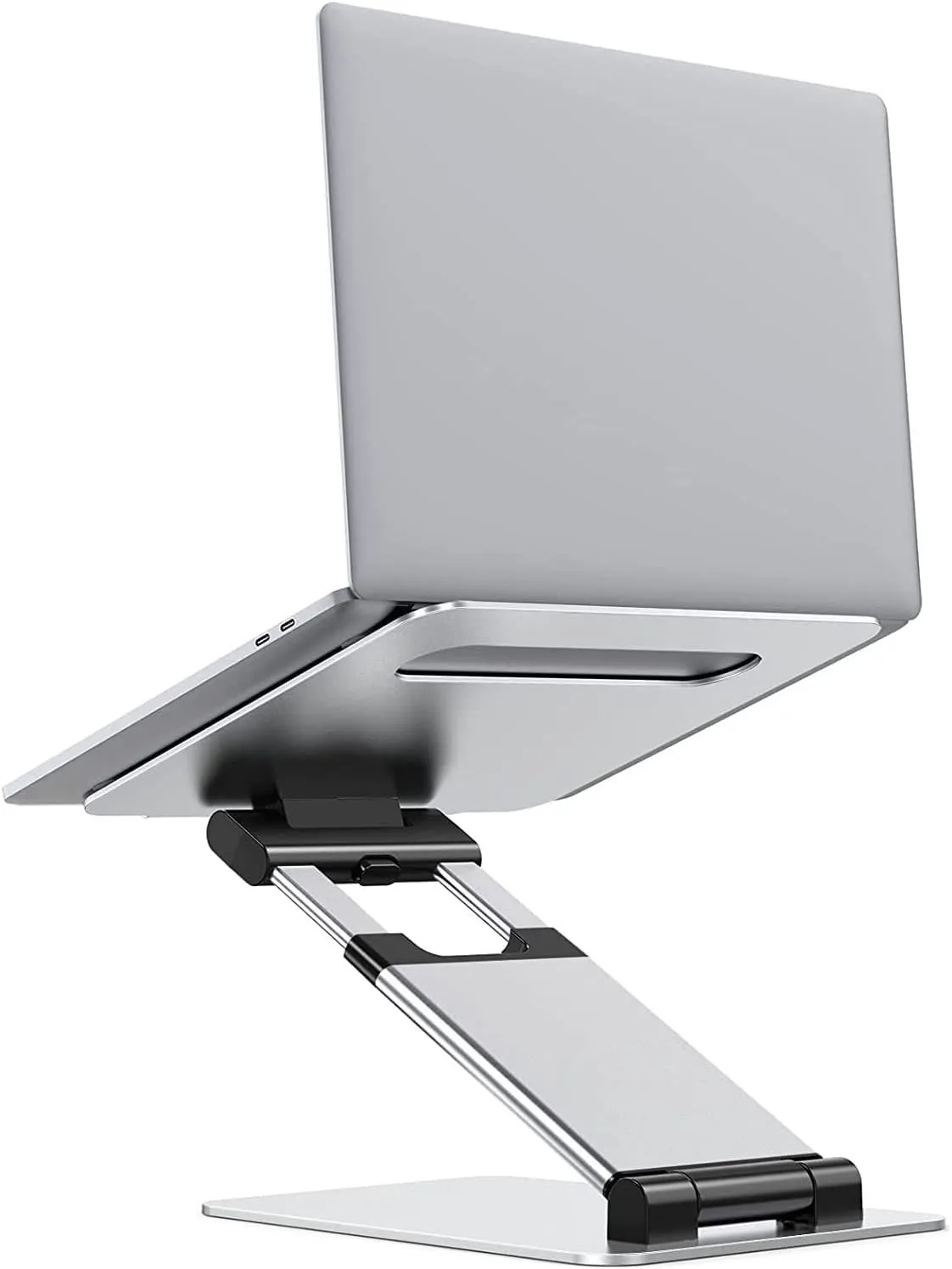 Aluminum alloy laptop bracket with adjustable base and 360-degree rotation on a desk