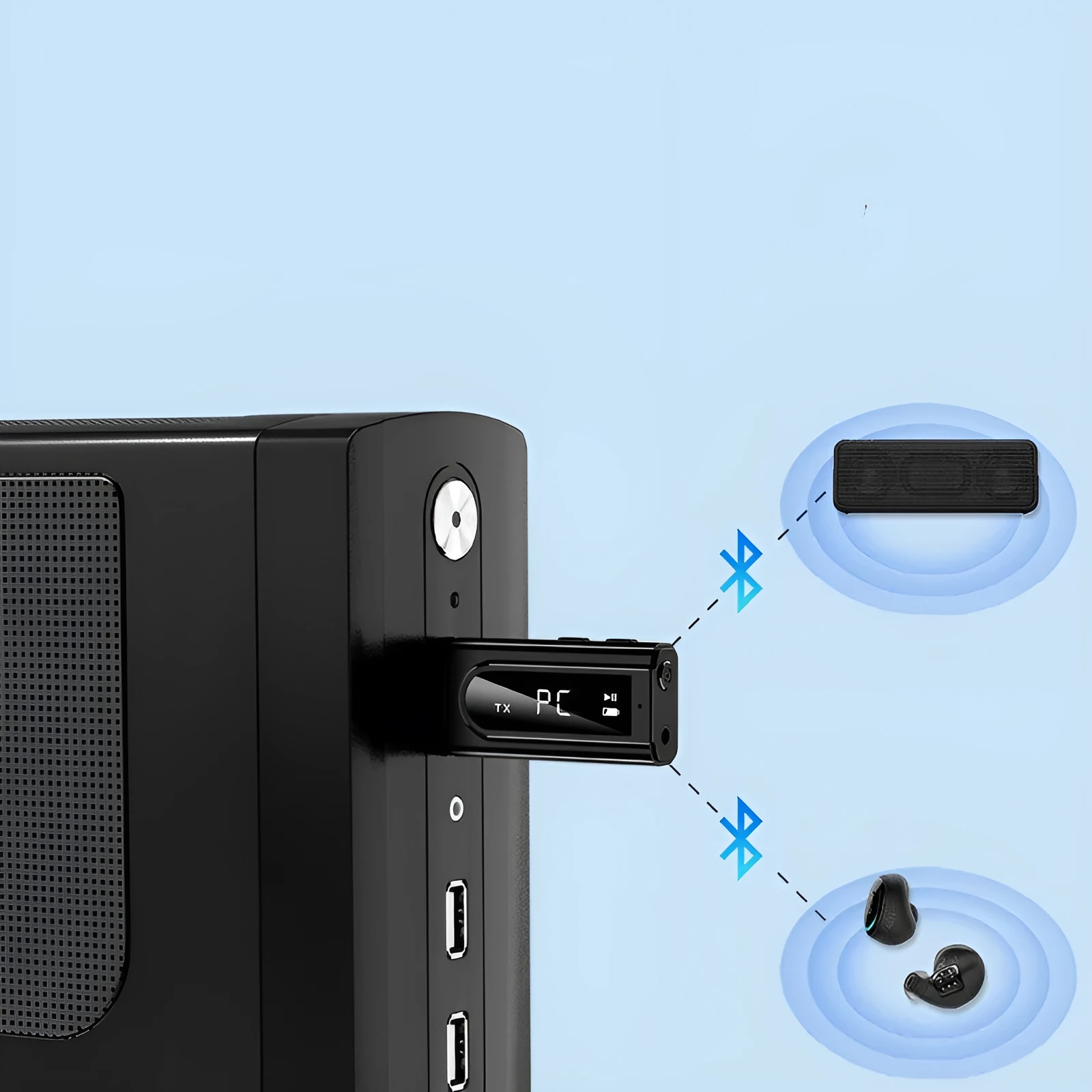 Black USB car FM bluetooth receiver with USB port and AUX input socket.