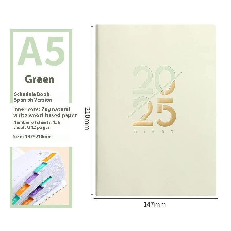 2025 A5 daily planner with soft faux leather cover in multiple colour options showing open pages