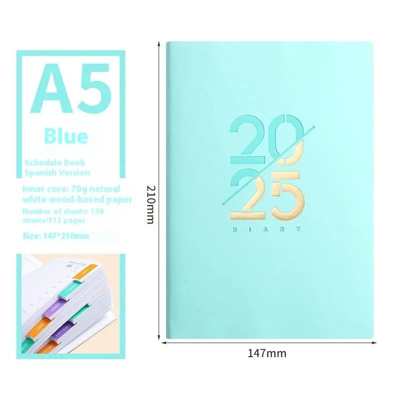 2025 A5 daily planner with soft faux leather cover in multiple colour options showing open pages