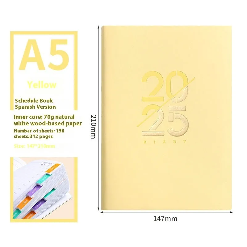 2025 A5 daily planner with soft faux leather cover in multiple colour options showing open pages