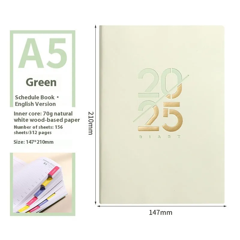 2025 A5 daily planner with soft faux leather cover in multiple colour options showing open pages
