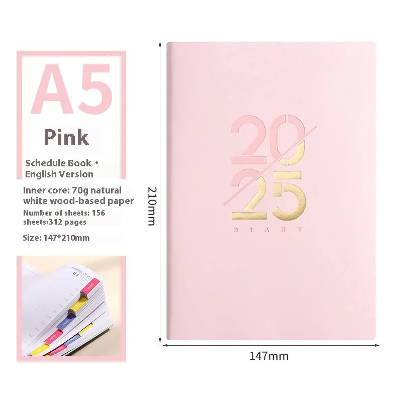 2025 A5 daily planner with soft faux leather cover in multiple colour options showing open pages