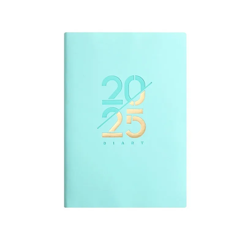2025 A5 daily planner with soft faux leather cover in multiple colour options showing open pages