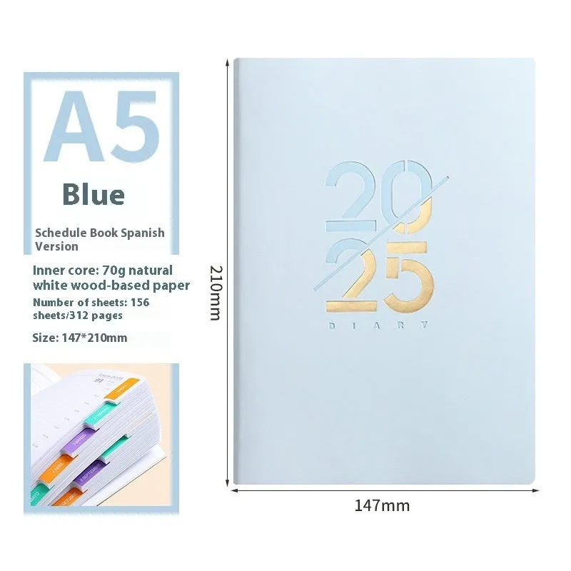 2025 A5 daily planner with soft faux leather cover in multiple colour options showing open pages