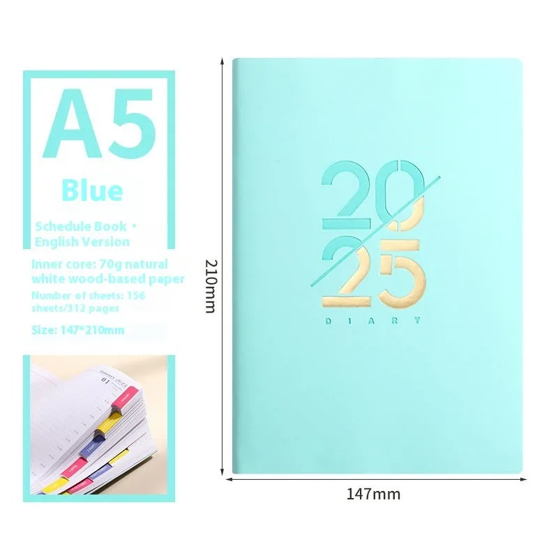 2025 A5 daily planner with soft faux leather cover in multiple colour options showing open pages