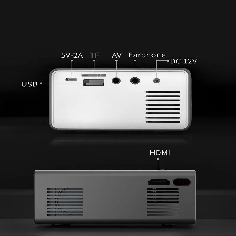 Home Office T300 miniature LED projector in black with front lens and input ports