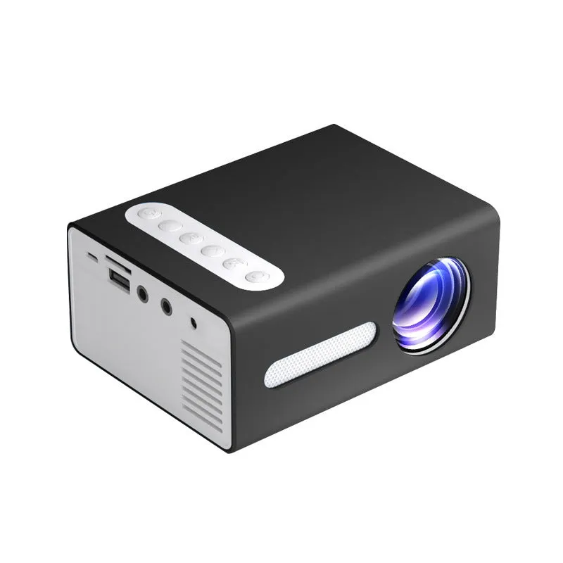 Home Office T300 miniature LED projector in black with front lens and input ports