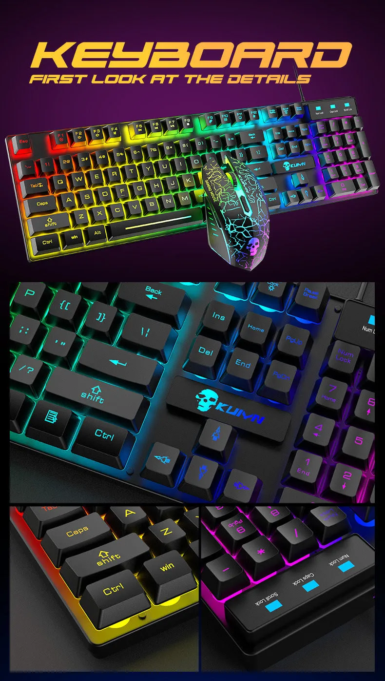 Kuiying T6RGB white RGB keyboard and mouse set with rainbow lighting, three DPI mouse, and included mouse pad on desk