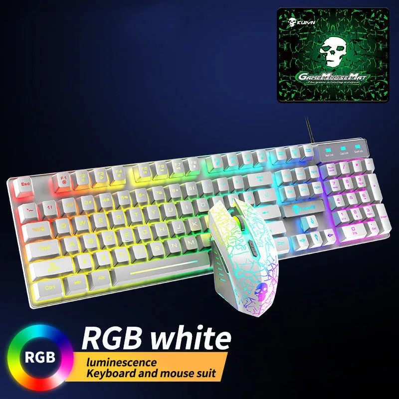 Kuiying T6RGB white RGB keyboard and mouse set with rainbow lighting, three DPI mouse, and included mouse pad on desk