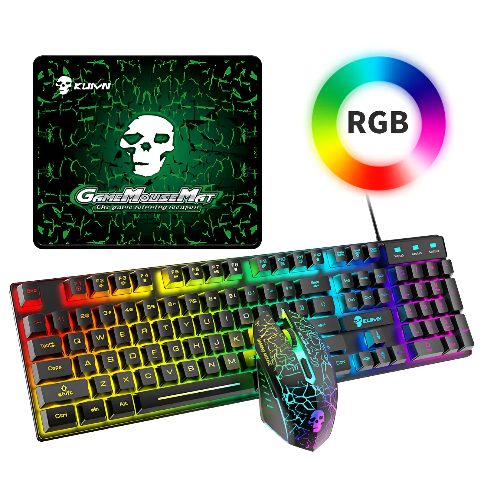 Kuiying T6RGB white RGB keyboard and mouse set with rainbow lighting, three DPI mouse, and included mouse pad on desk