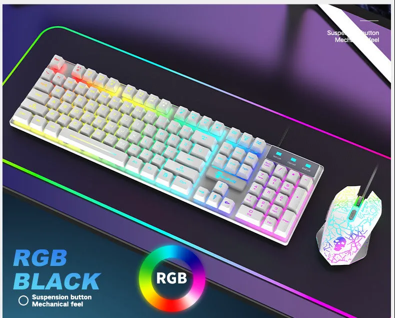 Kuiying T6RGB white RGB keyboard and mouse set with rainbow lighting, three DPI mouse, and included mouse pad on desk
