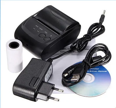 Dark gray portable Bluetooth thermal printer with USB and serial ports, 48mm print width, 90mm/s speed, 134g weight
