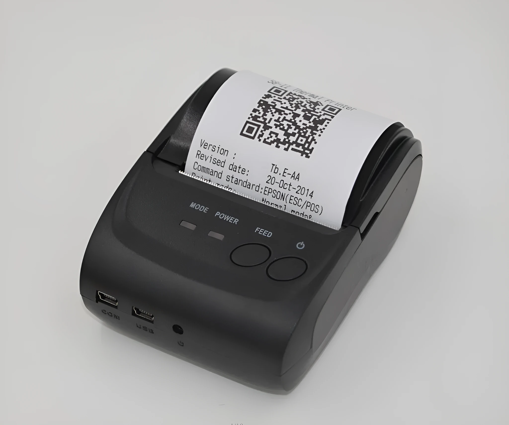 Dark gray portable Bluetooth thermal printer with USB and serial ports, 48mm print width, 90mm/s speed, 134g weight