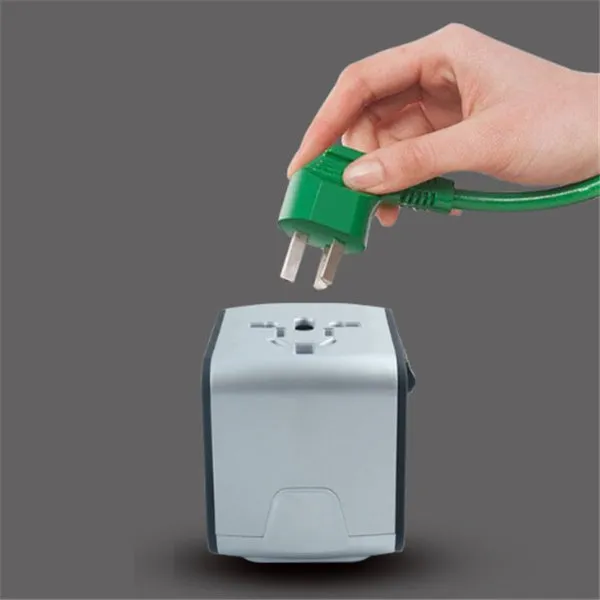 Multi-function travel socket adapter with USB charger, PC shell, black, 66x53x52mm, 4 socket holes for global use