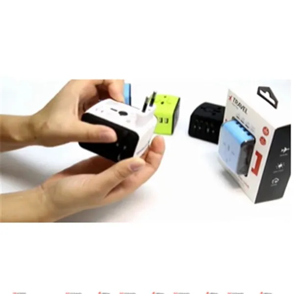 Multi-function travel socket adapter with USB charger, PC shell, black, 66x53x52mm, 4 socket holes for global use