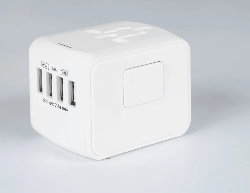 Multi-function travel socket adapter with USB charger, PC shell, black, 66x53x52mm, 4 socket holes for global use