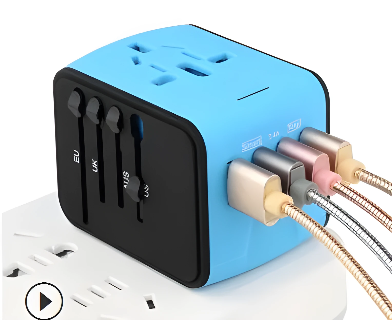 Multi-function travel socket adapter with USB charger, PC shell, black, 66x53x52mm, 4 socket holes for global use