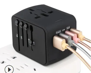 Multi-function travel socket adapter with USB charger, PC shell, black, 66x53x52mm, 4 socket holes for global use