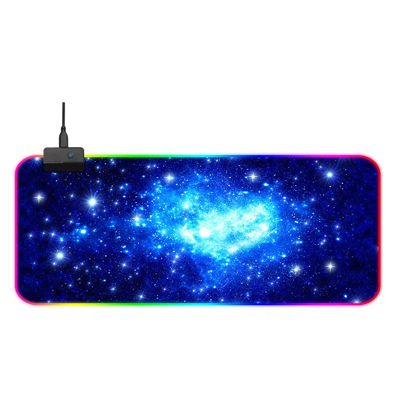RGB gaming mouse pad extra large 800x300mm with smooth cloth surface and non-slip rubber base, showing blue lighting along edges