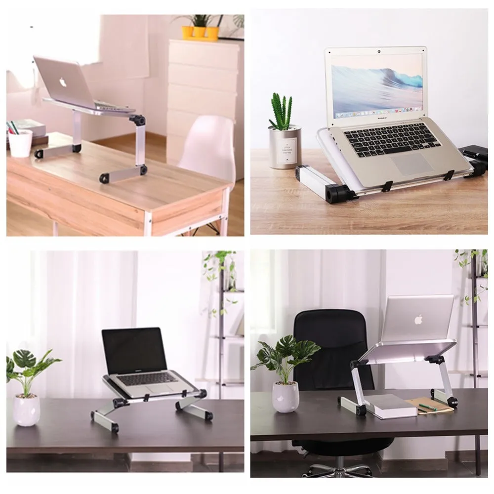 Foldable laptop stand in black and white, 360 degree adjustable angle, on a desk with laptop