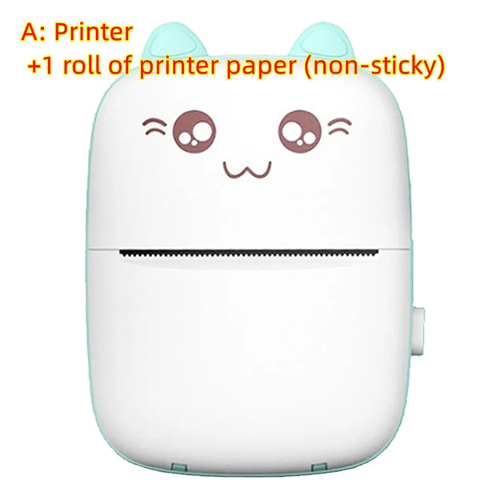 Pink mini Bluetooth thermal printer on a desk with a phone and printed note, measuring 11x8x3.5cm