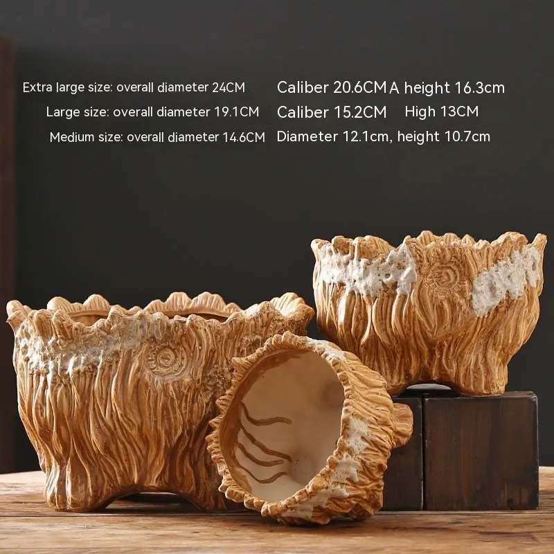 Ceramic wood-shaped tree root flower pot with green plant, large size, pastoral style for home gardening