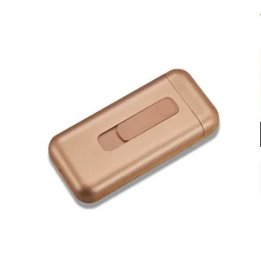 Plastic cigarette lighter in golden colour with compact body and flame, 118x55x25mm box
