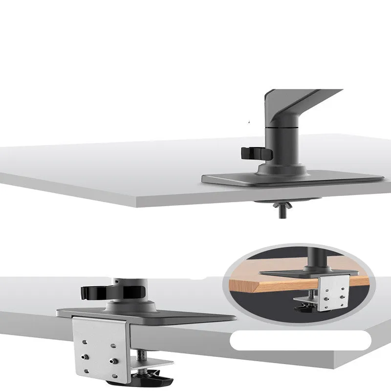 Black gas spring monitor stand on desk with curved screen support, 7K aluminium alloy build