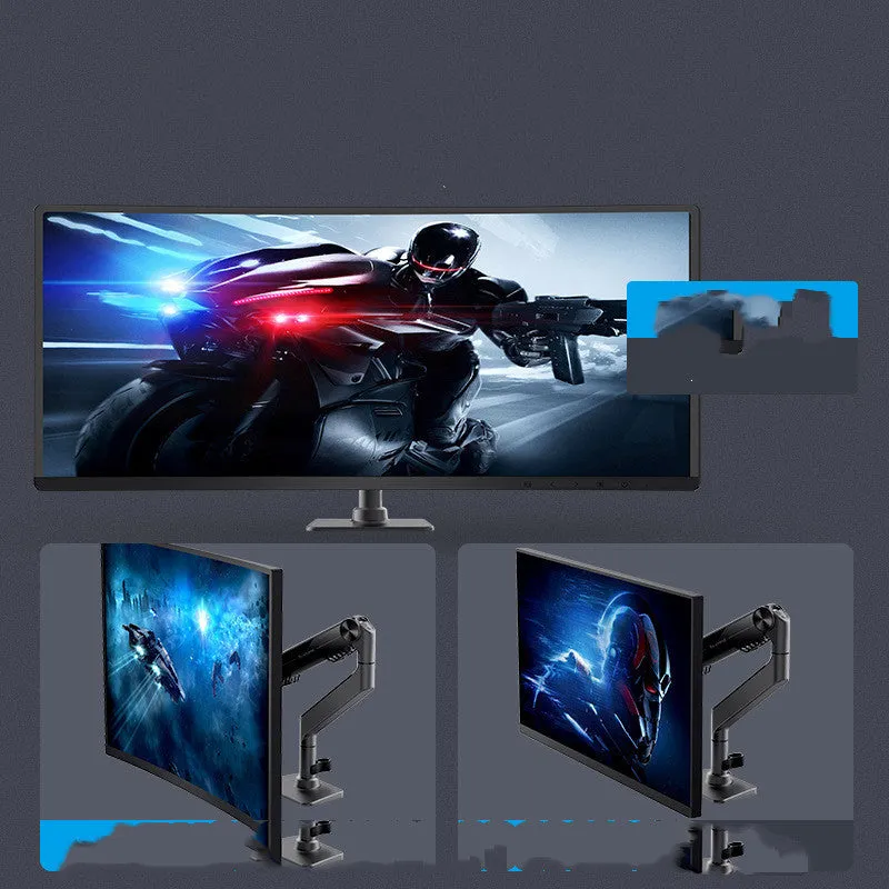 Black gas spring monitor stand on desk with curved screen support, 7K aluminium alloy build