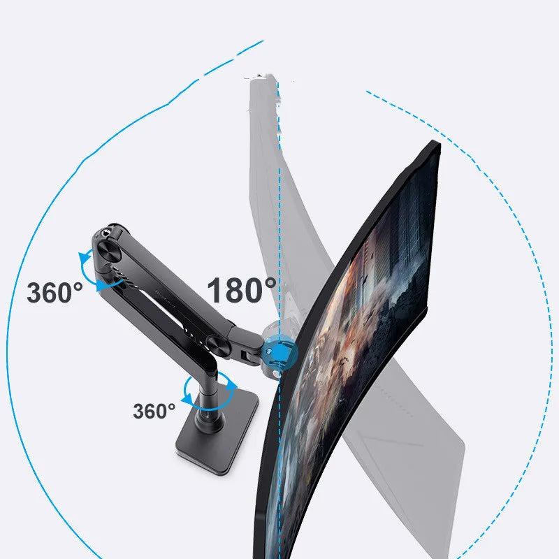 Black gas spring monitor stand on desk with curved screen support, 7K aluminium alloy build