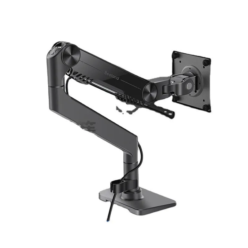 Black gas spring monitor stand on desk with curved screen support, 7K aluminium alloy build