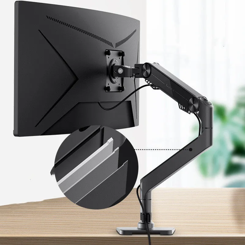 Black gas spring monitor stand on desk with curved screen support, 7K aluminium alloy build
