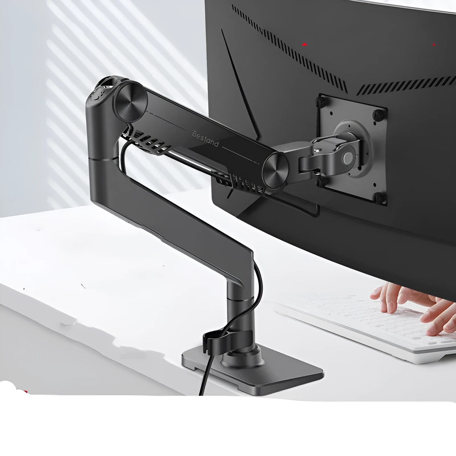 Black gas spring monitor stand on desk with curved screen support, 7K aluminium alloy build