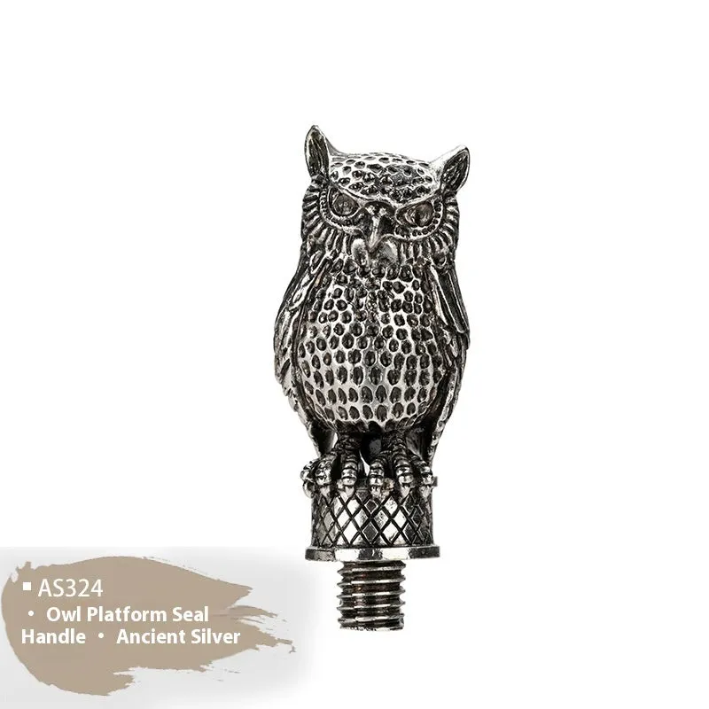 Wooden wax seal handle tool showing various style options like lily, owl platform, and Roman column designs.