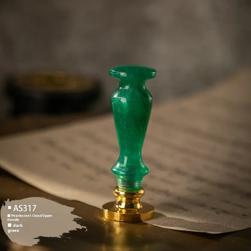 Wooden wax seal handle tool showing various style options like lily, owl platform, and Roman column designs.