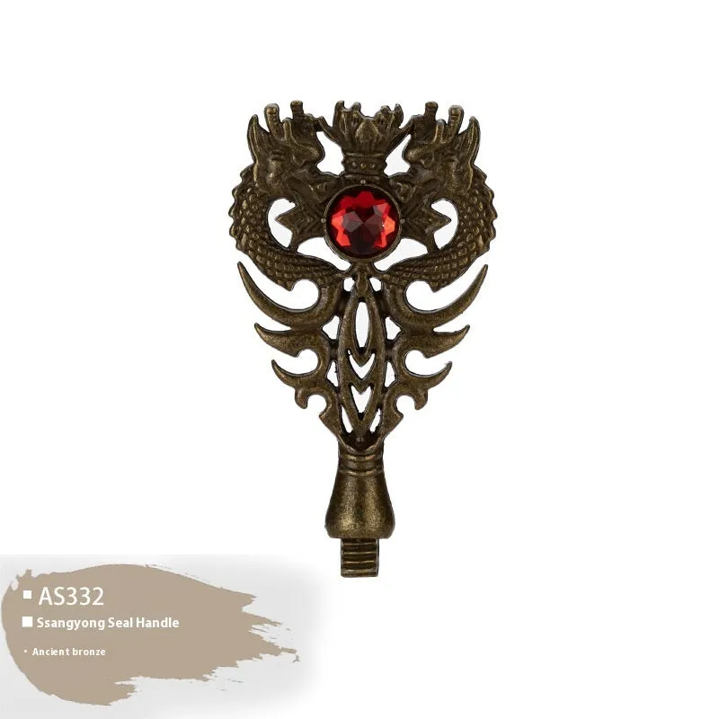 Wooden wax seal handle tool showing various style options like lily, owl platform, and Roman column designs.