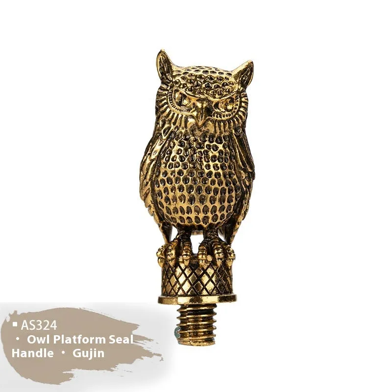 Wooden wax seal handle tool showing various style options like lily, owl platform, and Roman column designs.
