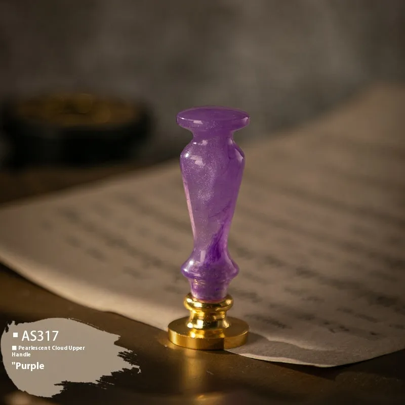 Wooden wax seal handle tool showing various style options like lily, owl platform, and Roman column designs.
