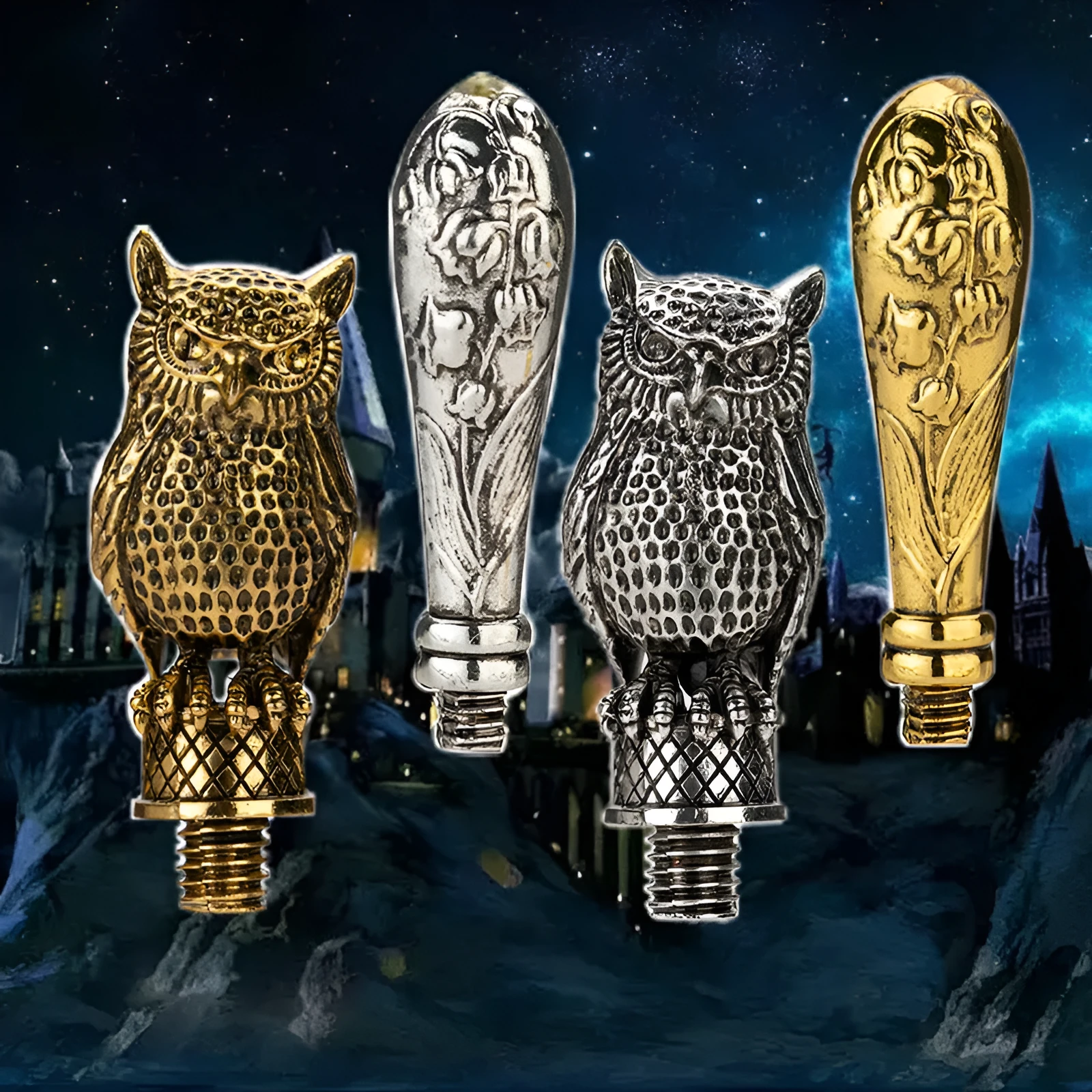 Wooden wax seal handle tool showing various style options like lily, owl platform, and Roman column designs.