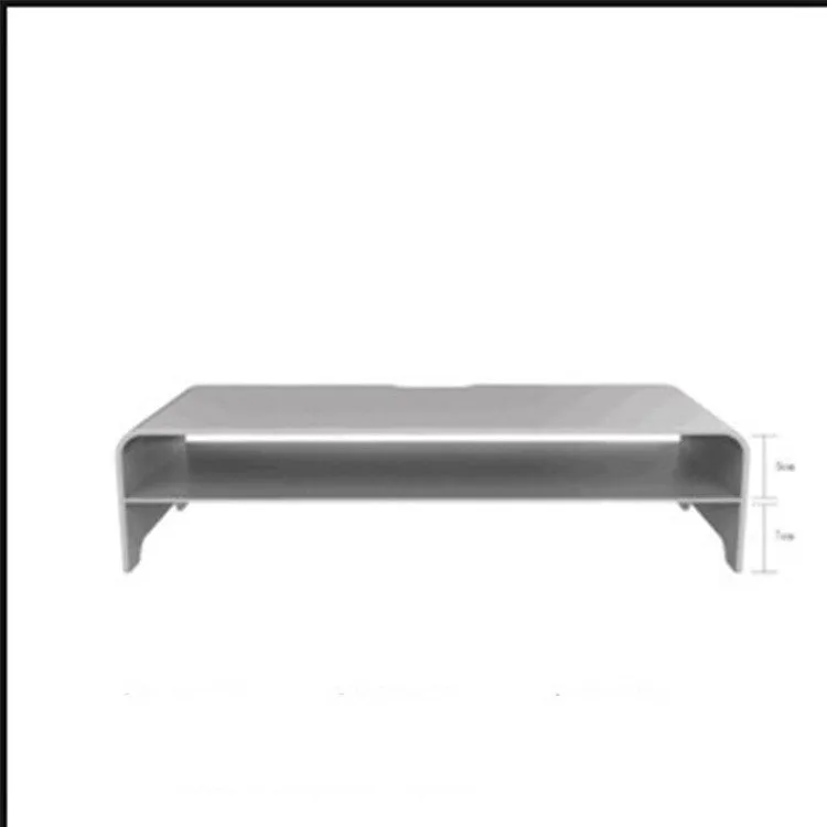 Silver aluminum alloy computer monitor riser stand with sandblasted finish on a desk