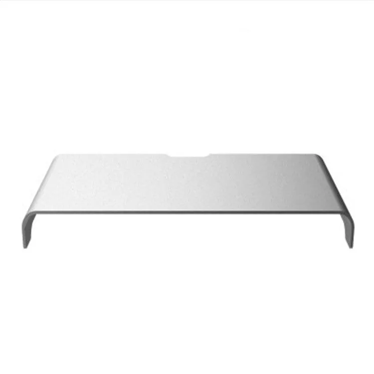 Silver aluminum alloy computer monitor riser stand with sandblasted finish on a desk