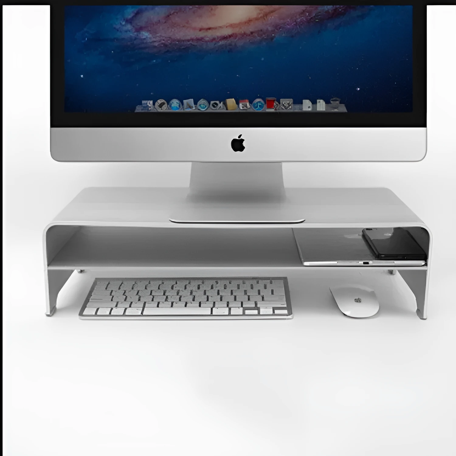 Silver aluminum alloy computer monitor riser stand with sandblasted finish on a desk