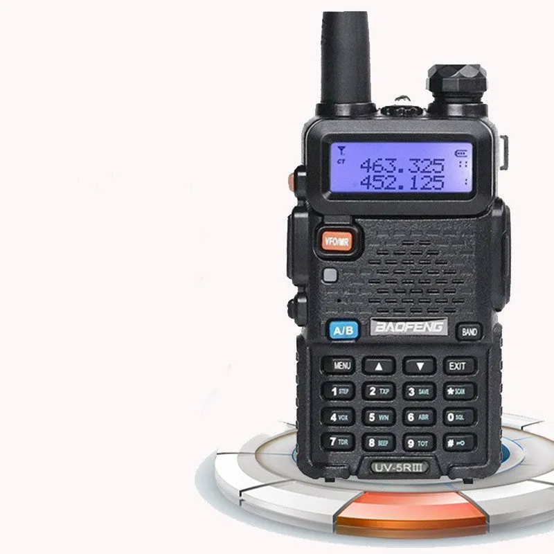 Baofeng UV-5R black handheld walkie talkie with dual antenna and front control panel