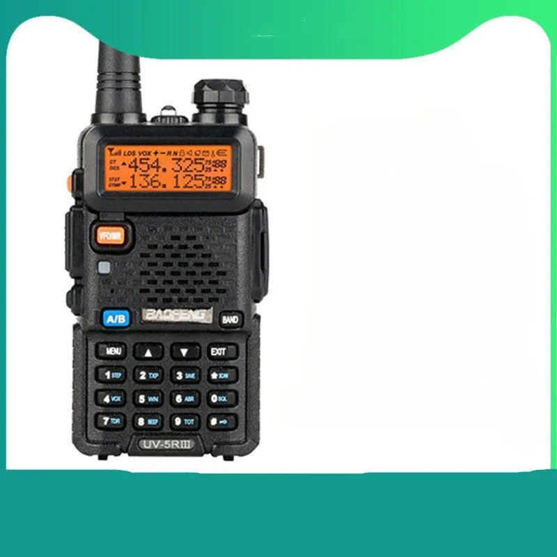 Baofeng UV-5R black handheld walkie talkie with dual antenna and front control panel