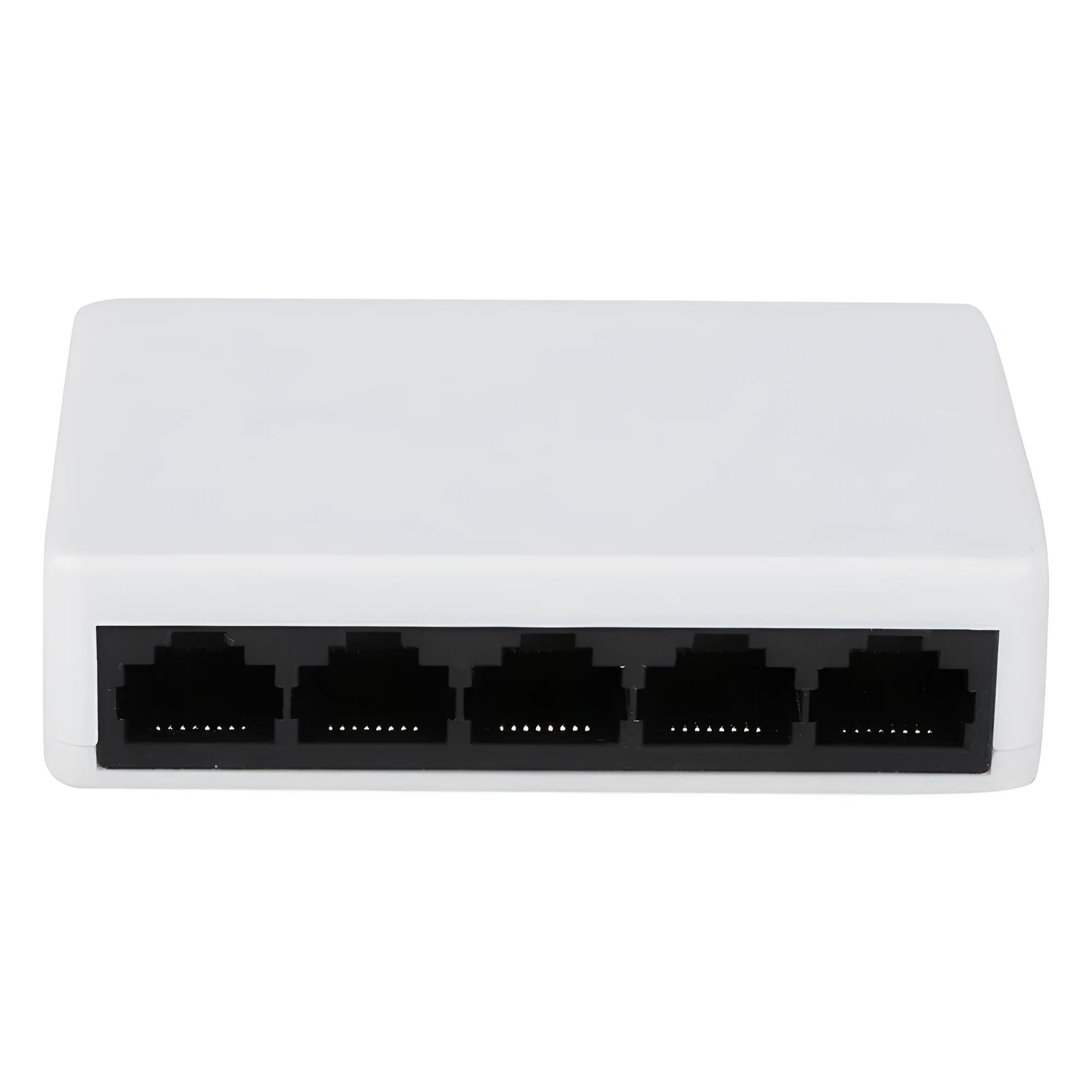 White 5-port 100 Mbps Ethernet switch with LED indicators on a desk